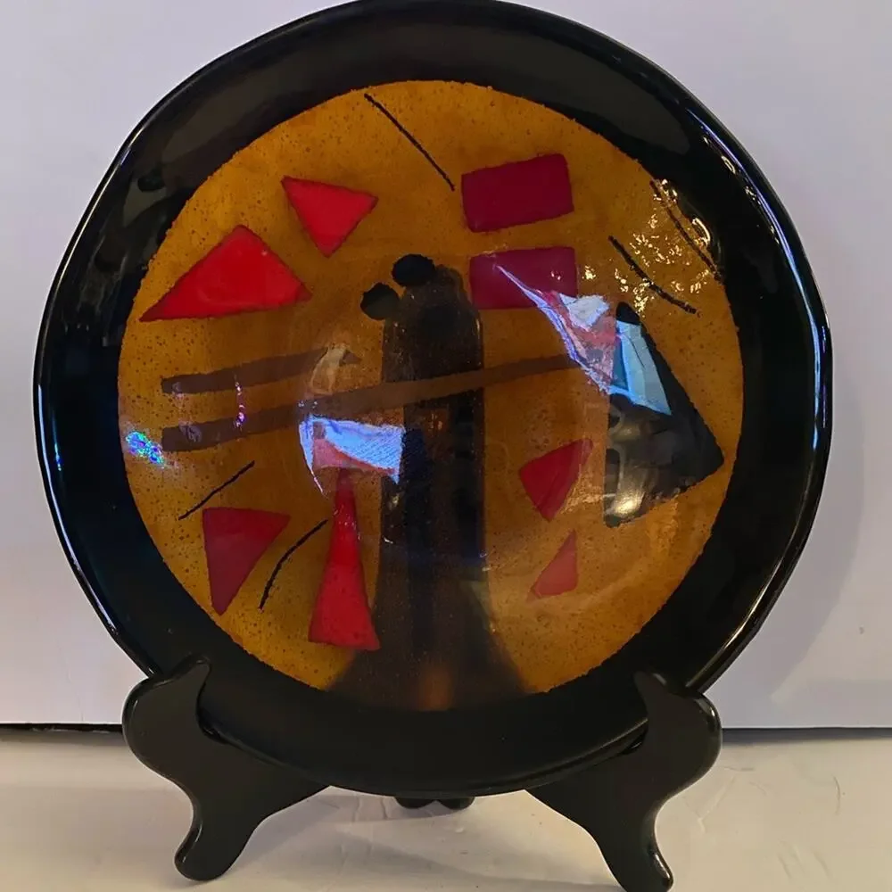Fused Glass 10” Bowl Gold Red Blk Rim Geometric MCM no chips or cracks